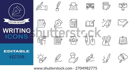 Writing line editable icon set. Contain icons related to pen, note, pencil, edit, writer, document, text, article and more outline symbol collection. Vector illustration.