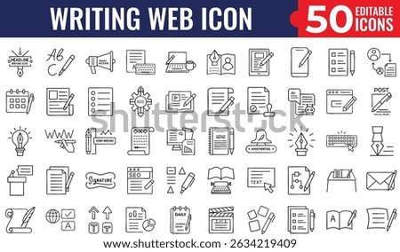Writing Line Icon Set – Editable Stroke Vector Collection Featuring Pen, Pencil, Text, Note, Document, Signature, and Content Editing Tools for Web and App Design