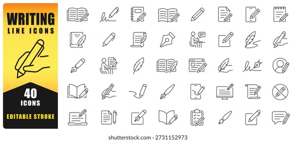 Conjunto De Ícones Da Linha De Escrita Com Canetas, Documentos, Notas E Símbolos De Escrita Criativos. Perfeito Para Educação, Blogs, Publicação E Conteúdo Digital Com Estilo Editável De Traço. Ícones de vetor isolados.
