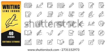 Writing Line Icon Set Featuring Pens, Documents, Notes, And Creative Writing Symbols. Perfect For Education, Blogging, Publishing, And Digital Content With Editable Stroke Style. Isolated Vector Icons.