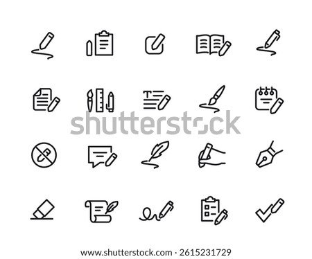 Writing line icon set. Simple symbols with pencil, pen, author manuscript, text, writer history and feather. Editable stroke. Outline vector illustration collection isolated on background