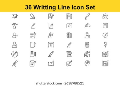 Writing Line Icon Set – Write, Writer, Pen, Pencil, Author, Text, Edit, Nib, Calligraphy, Document, Note, Fountain Pen And More | Outline Linear Icons
