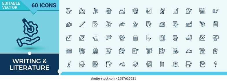 Writing and Literature icon pack. Contains related to textbook, typing, paper, write, book, text, pen and more. Icon design. Solid line editable stroke. Vector line and solid icons.