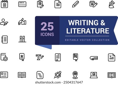 Writing and literature icons. Contains such icons as hand writing, calligraphy, study and more. Pixel perfect, minimalistic web and UI icon. Outline icon collections.