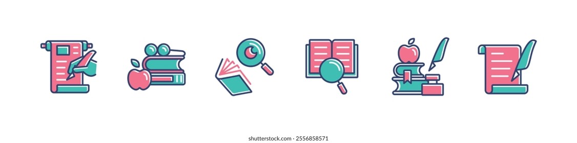 writing literature study research icon set education library learning read book magnifier search cognition signs vector illustration for web and app