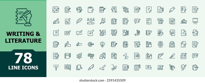 Writing and literature trendy minimal icons. Containing page, book, pencil, handwriting, creativity, art and more. UI icon set in a thin design. Minimalistic linear icons.
