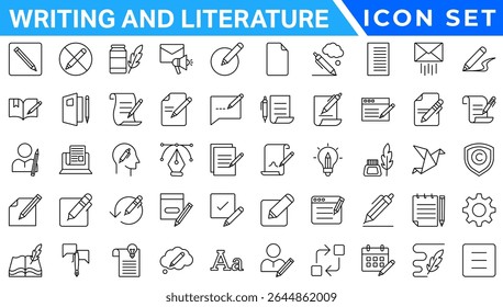 Writing and literature trendy minimal icons. Containing page, book, pencil, handwriting, creativity, art and more. UI icon set in a thin design. Minimalistic linear icons.