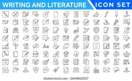 Escrita e literatura na moda ícones mínimos. Contendo página, livro, lápis, caligrafia, criatividade, arte e muito mais. Ícone de interface do usuário definido em um design fino. Ícones lineares minimalistas.