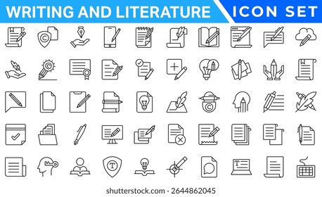 Writing and literature trendy minimal icons. Containing page, book, pencil, handwriting, creativity, art and more. UI icon set in a thin design. Minimalistic linear icons.