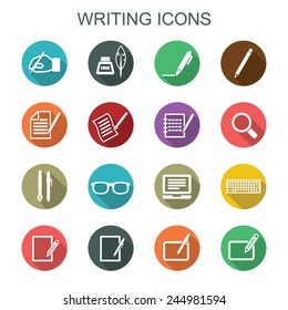 writing long shadow icons, flat vector symbols