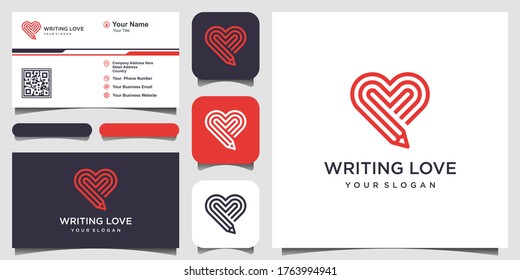 Writing Love Logo Design Template. combination of pencil and heart with line art style. and business card design