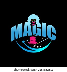 Writing MAGIC with clown head, hat, wand, and star image graphic icon logo design abstract concept vector stock. Can be used as a symbol related to entertainment or player profession