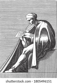 Writing man, Adamo Scultori, after Michelangelo, 1585, vintage engraving.