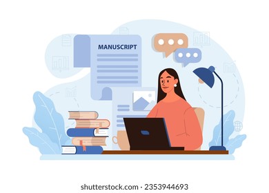 Writing a manuscript. Author writing a book. Creative process. Thoughts and memories reflection, journaling or diary keeping. Writing communication. Flat vector illustration