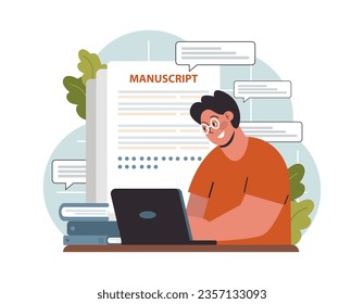 Writing a manuscript. Author writing a book. Creative process. Thoughts and memories reflection, journaling or diary keeping. Writing communication. Flat vector illustration