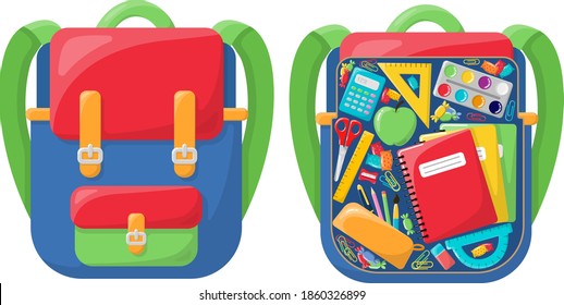 Writing materials inside the school backpack. Bright and colorful backpack. In the style of a cartoon. Isolated on a white background. A set of school supplies. Student backpack with lunch and