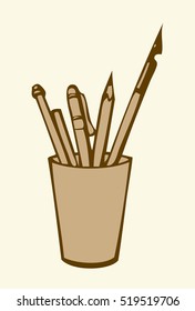 Writing materials in plastic pot isolated on white backdrop. Freehand outline ink hand drawn picture sketchy in art antique scribble style. View closeup with space for text