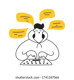 Writing a message concept. The cute cartoon guy is typing a message, chatting with someone, communicates in social networks or through a messenger. Flat clean line vector illustration on white.