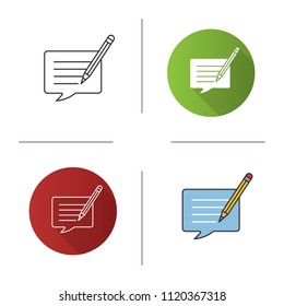 Writing message icon. Chatting. Message editing. Communication. Speech bubble with pencil. Flat design, linear and color styles. Isolated vector illustrations
