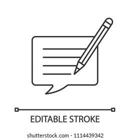 Writing message linear icon. Thin line illustration. Chatting. Message editing. Communication. Speech bubble with pencil. Contour symbol. Vector isolated outline drawing. Editable stroke