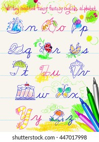 writing modified funny fantasy english alphabet part 2 vector illustration good for elementary school education