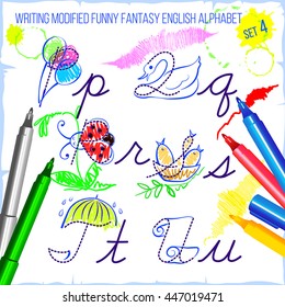 writing modified funny fantasy english alphabet  vector illustration set 4 good for elementary school