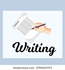 Schreibmodul und Schreibtest von TESOL und IELTS Schriftstück mit Schreibsymbol und Handschrift. Handschriftliche Praxis und handgehaltener Stift mit Papier und Bleistift in Verbindung mit einer Prüfung