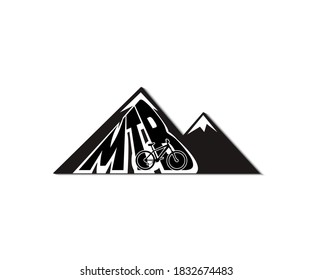 Writing MTB in the form of a mountain and a mountain bike symbol on a black mountain background.