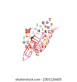 Writing music, songwriting, creating melody. Song lyrics concept. Vector illustration of pencil with musical notes staff and letters. Composing song design. Background for conservatory or art school