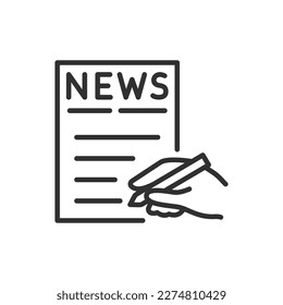 Writing the news, linear icon. Hand and pen writing the news paper. Line with editable stroke