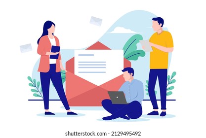 Writing newsletter - Casual businesspeople working with e-mail marketing. Flat design vector illustration with white background