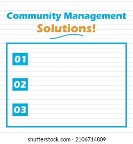 Writing note showing Community Management Solutions. Some list about Community Management Solutions. Note card, notice, short note paper, and simple infographic design.