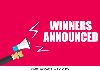 Writing note showing winners announced. Business concept. megaphone loudspeaker message speaking.