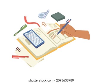 Writing in notebook or diary, worker or student working on schedule or organizing or working tasks and projects. Smartphone with application and calendar, agenda and list to do, vector in flat
