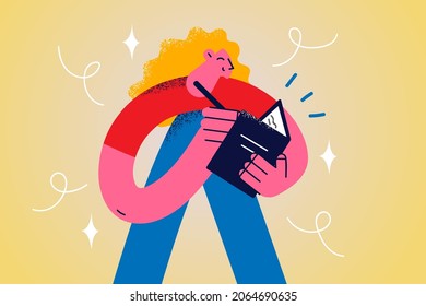 Writing notes and diary concept. Young smiling girl cartoon character standing making notes in her personal diary sharing secrets vector illustration 