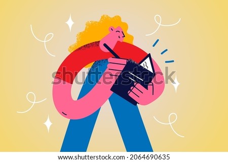 Writing notes and diary concept. Young smiling girl cartoon character standing making notes in her personal diary sharing secrets vector illustration 