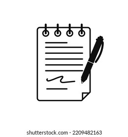 Writing notes icon. Black note on sheet of diary with pen as an element of agreement and editing vector file