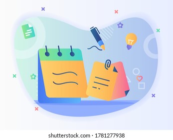 Writing notes pen paper clip with flat style.