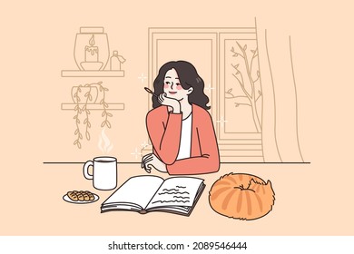 Writing Notes And Story Concept. Young Smiling Woman Write Sitting At Home With Cat And Hot Drink And Writing Story With Pen Vector Illustration 