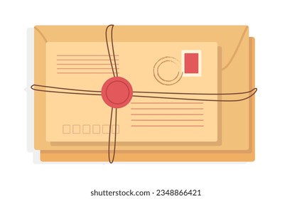 Escribiendo concepto de carta de objeto. Sobre con mensaje y sello postal. Correo electrónico y correspondencia. Comunicación e interacción. Dibujo vectorial plano de dibujos animados aislado en fondo blanco