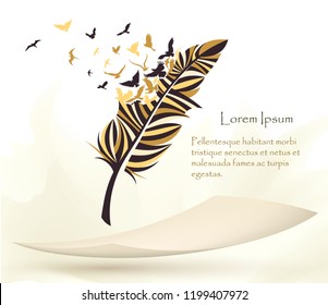 writing old colorful feather with flying paper