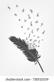 writing old feather with flying alphabet letters