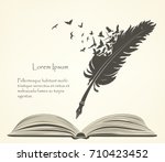 writing old feather with flying birds and open book