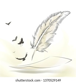 writing old feather with flying birds paper
