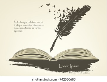 writing old feather with flying birds and open book