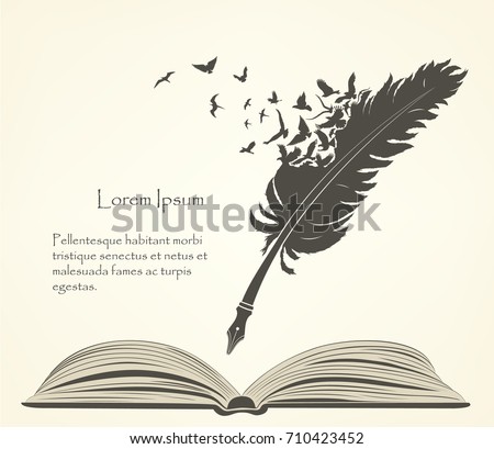 writing old feather with flying birds and open book