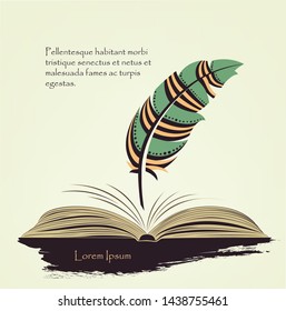 writing old pen multicolored feather with open book