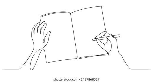 writing on blank notebook top view one line drawing continuous vector illustration