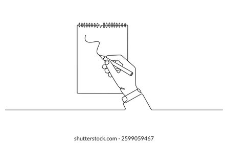 Writing on blank notebook top view continuous one line drawing. Single line art vector illustration