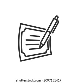 Writing on a book. Study, literature, agreement, signed contract icon line style isolated on white background. Vector illustration